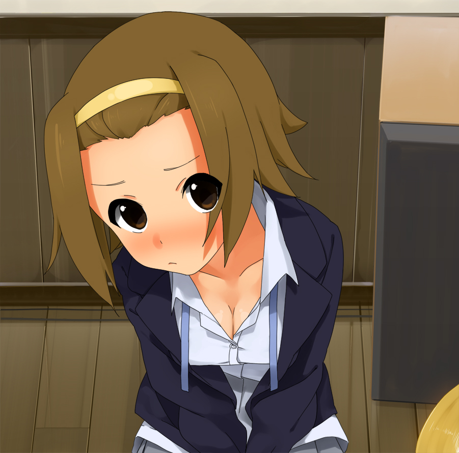 blazer blush breasts brown_eyes brown_hair cleavage hairband k-on! kaisenn school_uniform short_hair solo tainaka_ritsu untied