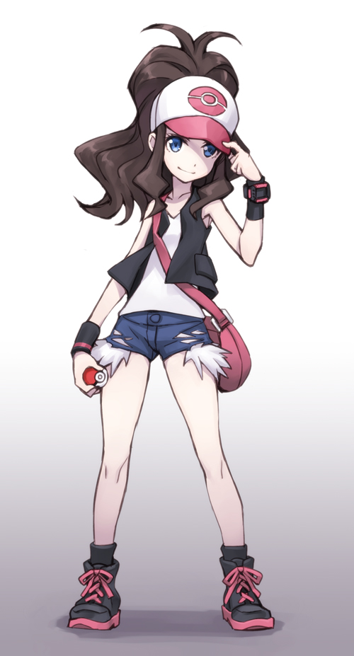 1girl adjusting_hat bag baseball_cap blue_eyes denim denim_shorts gradient gradient_background hat light_smile matsuryuu poke_ball pokemon pokemon_(game) pokemon_bw shoes shorts sneakers solo standing touko_(pokemon) vest wide_ponytail wristband