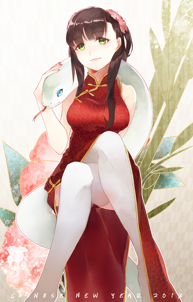 1girl 2013 bare_shoulders blue_eyes breasts brown_hair china_dress chinese_clothes crossed_legs dress flower forked_tongue green_eyes hair_flower hair_ornament large_breasts long_hair original red_dress shiyun side_slit sitting smile snake thigh-highs tongue white_legwear white_snake