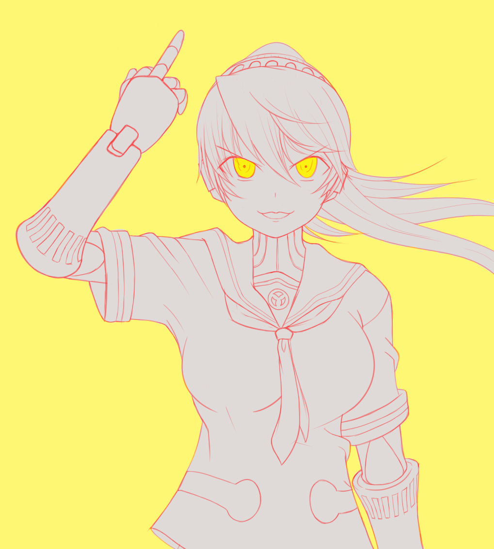 1girl alternate_eye_color labrys middle_finger persona persona_4:_the_ultimate_in_mayonaka_arena simple_background solo