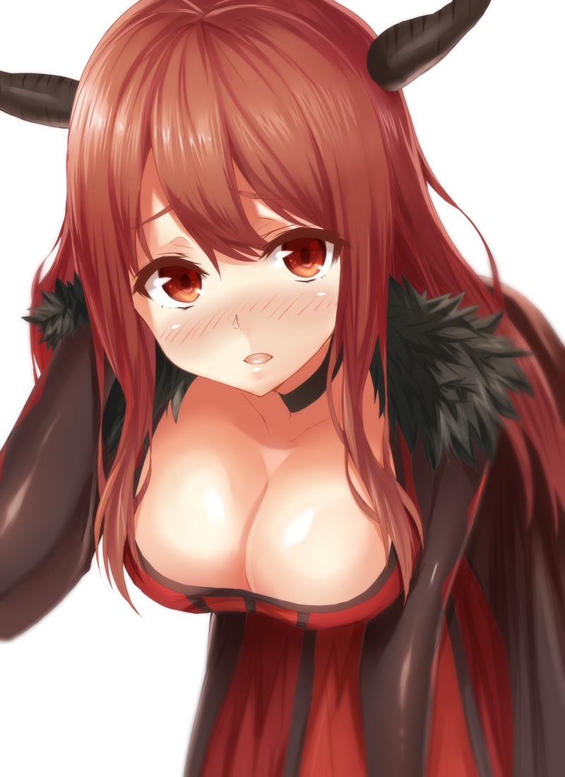 1girl blush breasts brown_eyes brown_hair choker cleavage demon_horns dress fur_trim heirou horns large_breasts long_hair looking_at_viewer maou_(maoyuu) maoyuu_maou_yuusha open_mouth shiny shiny_skin simple_background solo