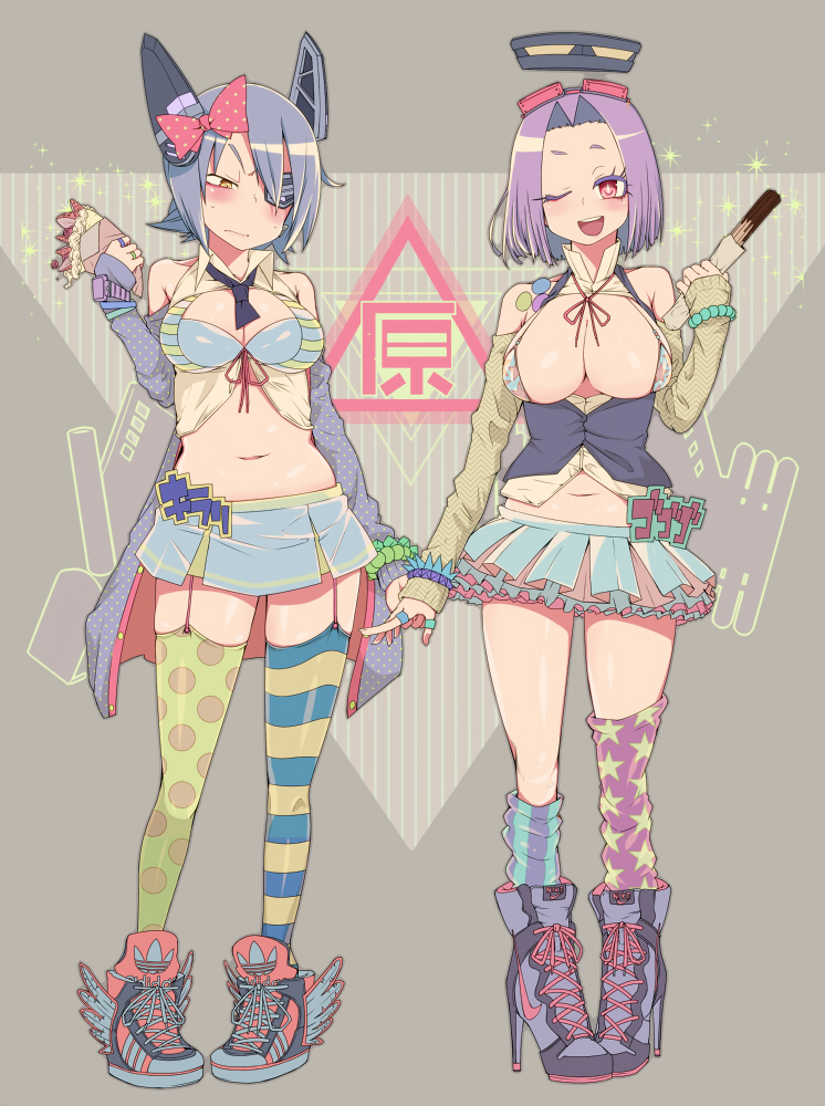 2girls alternate_costume asymmetrical_legwear bare_shoulders bikini blush bow breasts breasts_outside churro cleavage crepe eyepatch garter_straps goggles goggles_on_head hair_bow headgear kantai_collection koutamii mechanical_halo multiple_girls necktie open_clothes open_mouth open_shirt purple_hair red_eyes shoes short_hair skirt smile sneakers swimsuit tatsuta_(kantai_collection) tenryuu_(kantai_collection) wink yellow_eyes