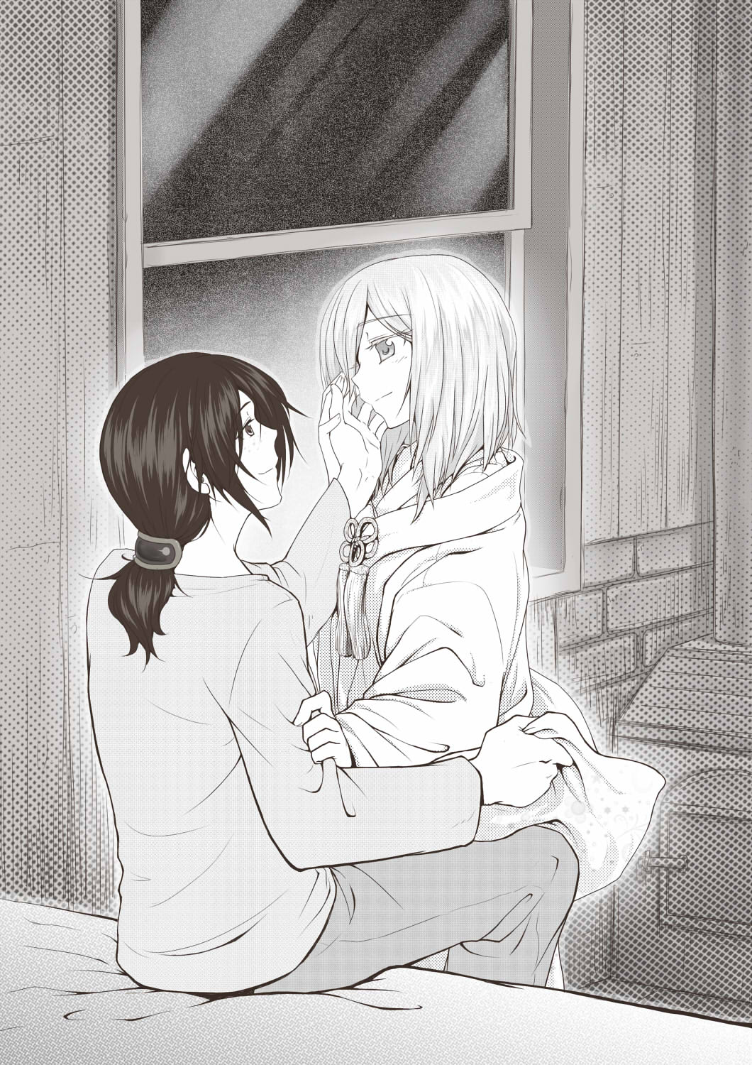2girls casual christa_renz clothes_grab freckles highres holding_hands leo_19th looking_at_another monochrome multiple_girls pants ponytail shingeki_no_kyojin short_hair sitting sitting_on_bed touching window ymir_(shingeki_no_kyojin)