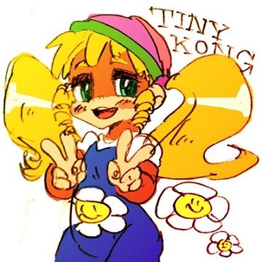 1girl animal ape blush_stickers daisy donkey_kong_(series) donkey_kong_64 double_v drill_hair floral_print flower furry green_eyes hat long_hair lowres monkey monkey_girl nintendo no_humans overalls rareware solo tiny_kong twin_drills twintails v