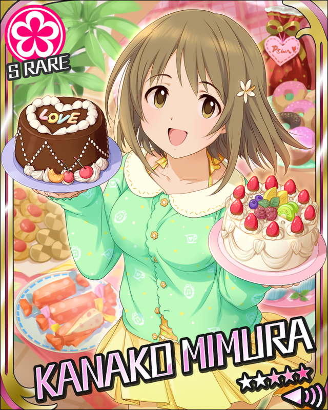 1girl blueberry bob_cut brown_eyes brown_hair cake candy cardigan character_name checkerboard_cookie cherry chocolate chocolate_cake cookie cream dish doughnut flower food from_above fruit gift hair_flower hair_ornament heart idolmaster idolmaster_cinderella_girls jpeg_artifacts kiwifruit looking_at_viewer mimura_kanako miniskirt official_art pastry pleated_skirt raspberry skirt smile solo strawberry strawberry_shortcake valentine