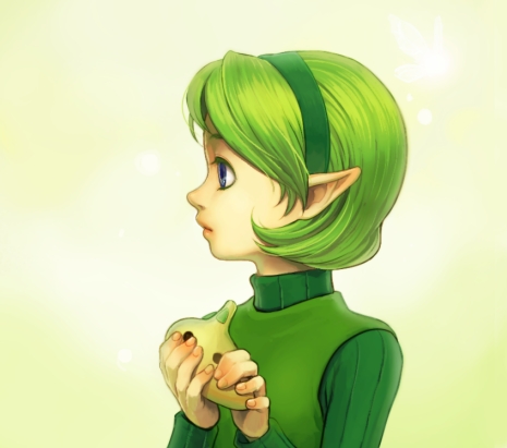 1girl blue_eyes green_hair hairband instrument ocarina ocarina_of_time pointy_ears saria shiwashiwa_no_kinchakubukuru short_hair the_legend_of_zelda