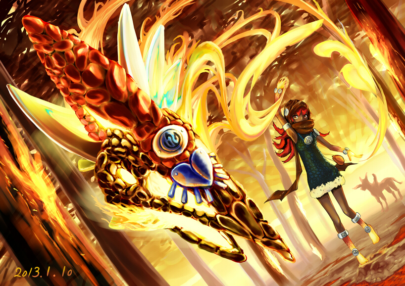 1girl duel_monster fire flamvell_firedog hood katayama laval_forest_sprite lavalval_dragun red_eyes redhead tree yuu-gi-ou