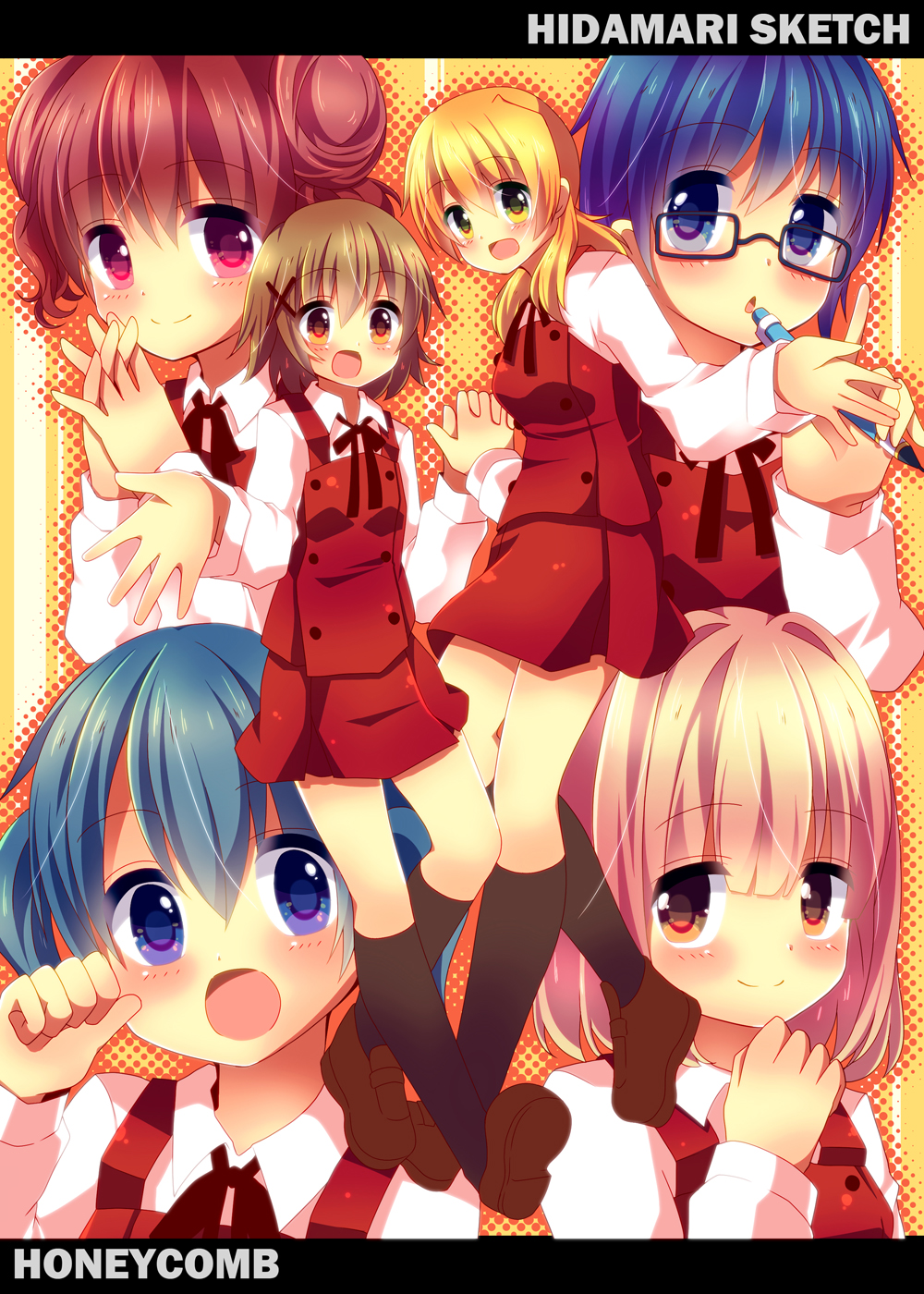 6+girls :o blonde_hair blue_eyes blush character_request glasses hair_ornament hidamari_sketch interlocked_fingers mechanical_pencil multiple_girls open_mouth paw_pose pencil pink_eyes redhead short_hair short_twintails skirt smile tagme title_drop twintails urara_(sumairuclover)