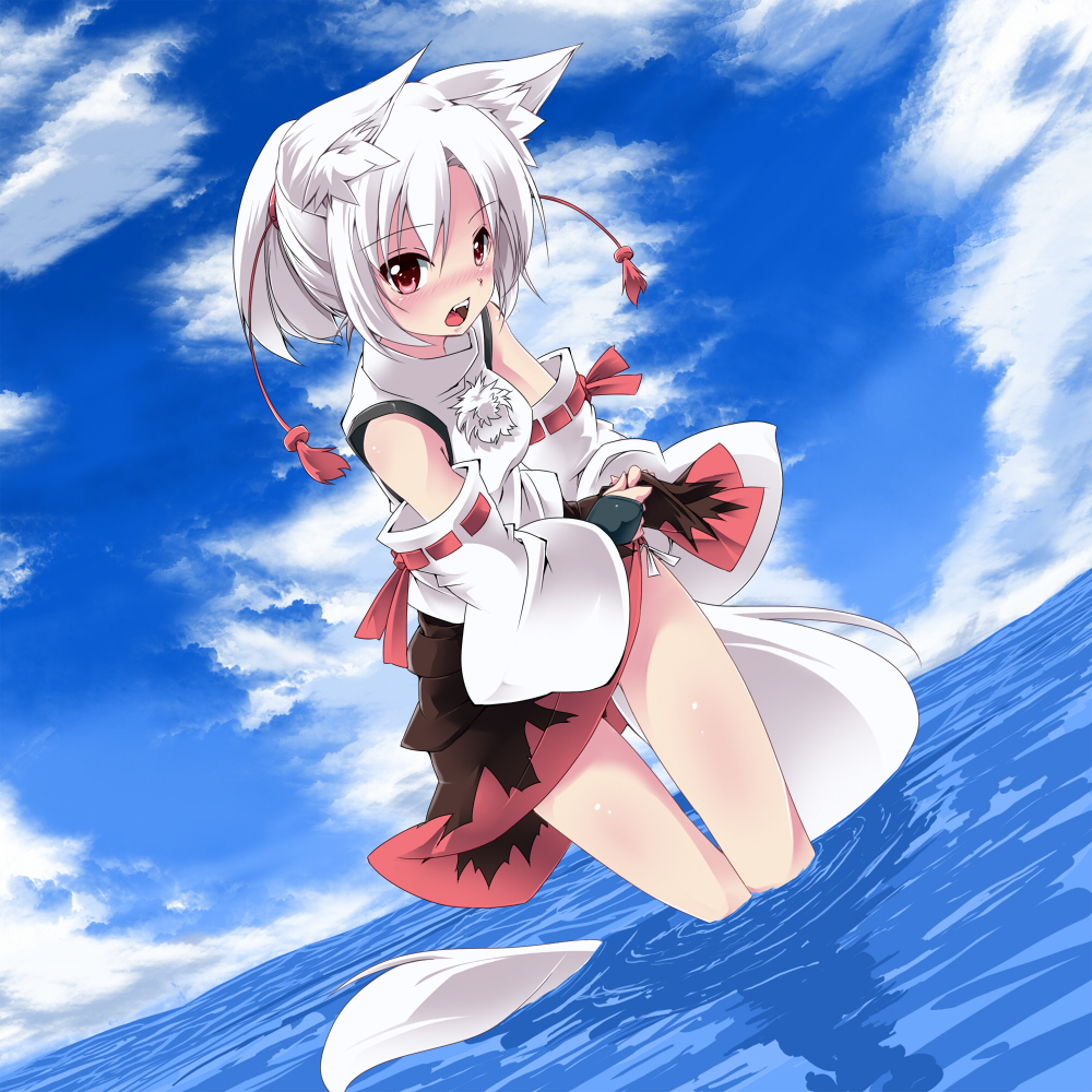 1girl alternate_hairstyle animal_ears bare_shoulders cloudy_sky detached_sleeves dutch_angle inubashiri_momiji leaning_forward no_hat no_headwear noa_(nagareboshi) open_mouth panties partially_submerged ponytail short_hair side-tie_panties skirt skirt_lift solo tail touhou underwear water wolf_ears wolf_tail