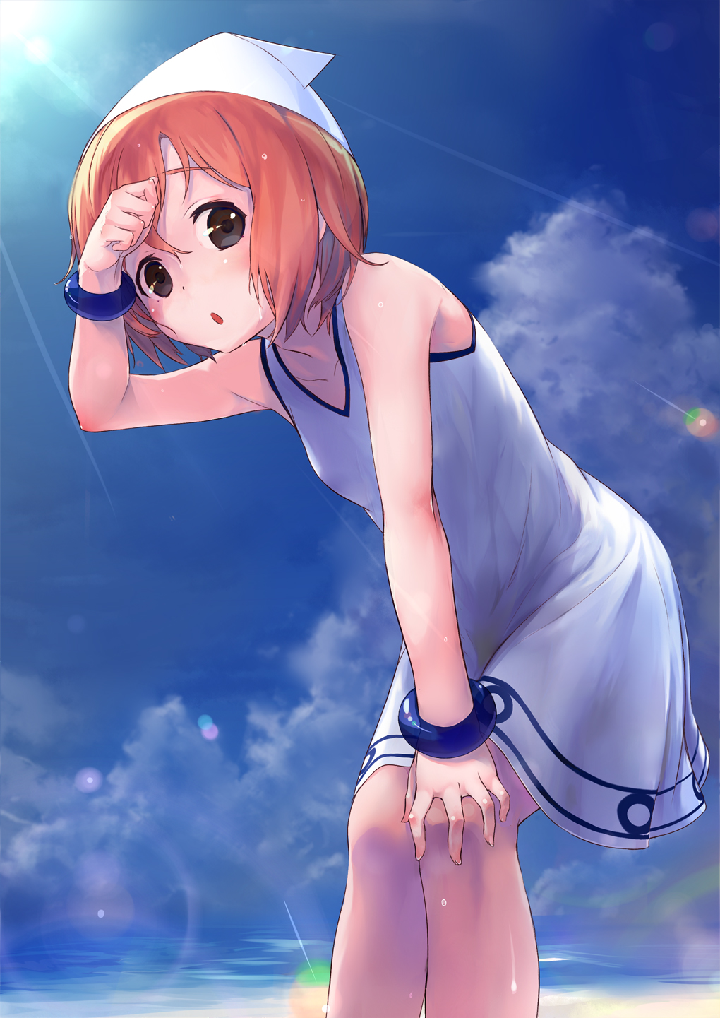 1girl beach bracelet brown_eyes clouds collarbone hat ikamusume ikamusume_(cosplay) jewelry kotoura-san kotoura_haruka open_mouth orange_hair seiyuu_connection shinryaku!_ikamusume short_hair shouin sky sleeveless solo sun sweat