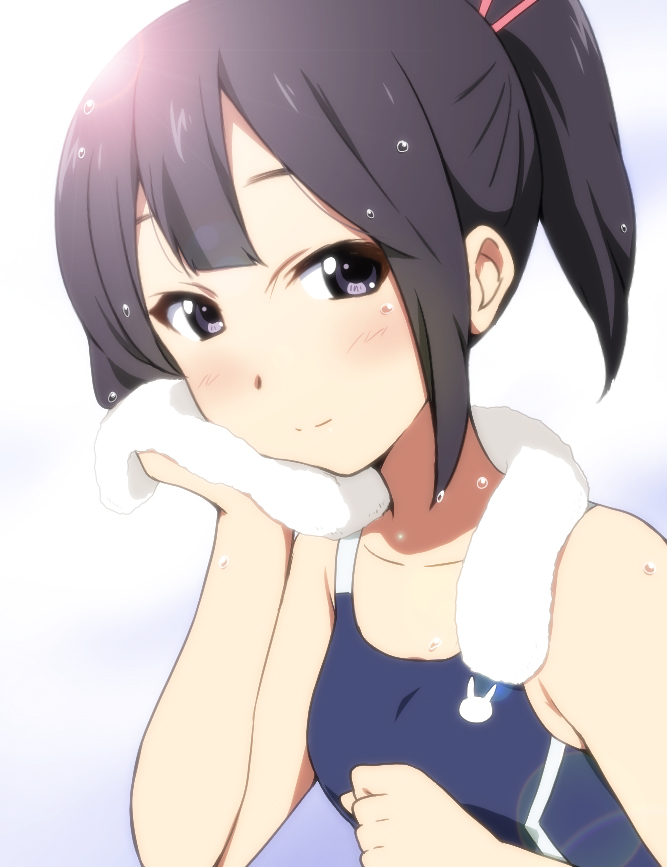 1girl asagiri_shiori black_eyes black_hair blush bust ikari_manatsu light_smile looking_at_viewer ponytail solo tamako_market wet