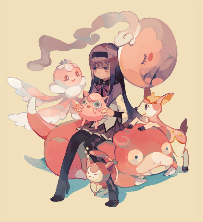 1girl akemi_homura clea crossover deerling frillish hairband jigglypuff long_hair magical_girl mahou_shoujo_madoka_magica musharna pantyhose pokemon purple_hair skitty slowpoke violet_eyes