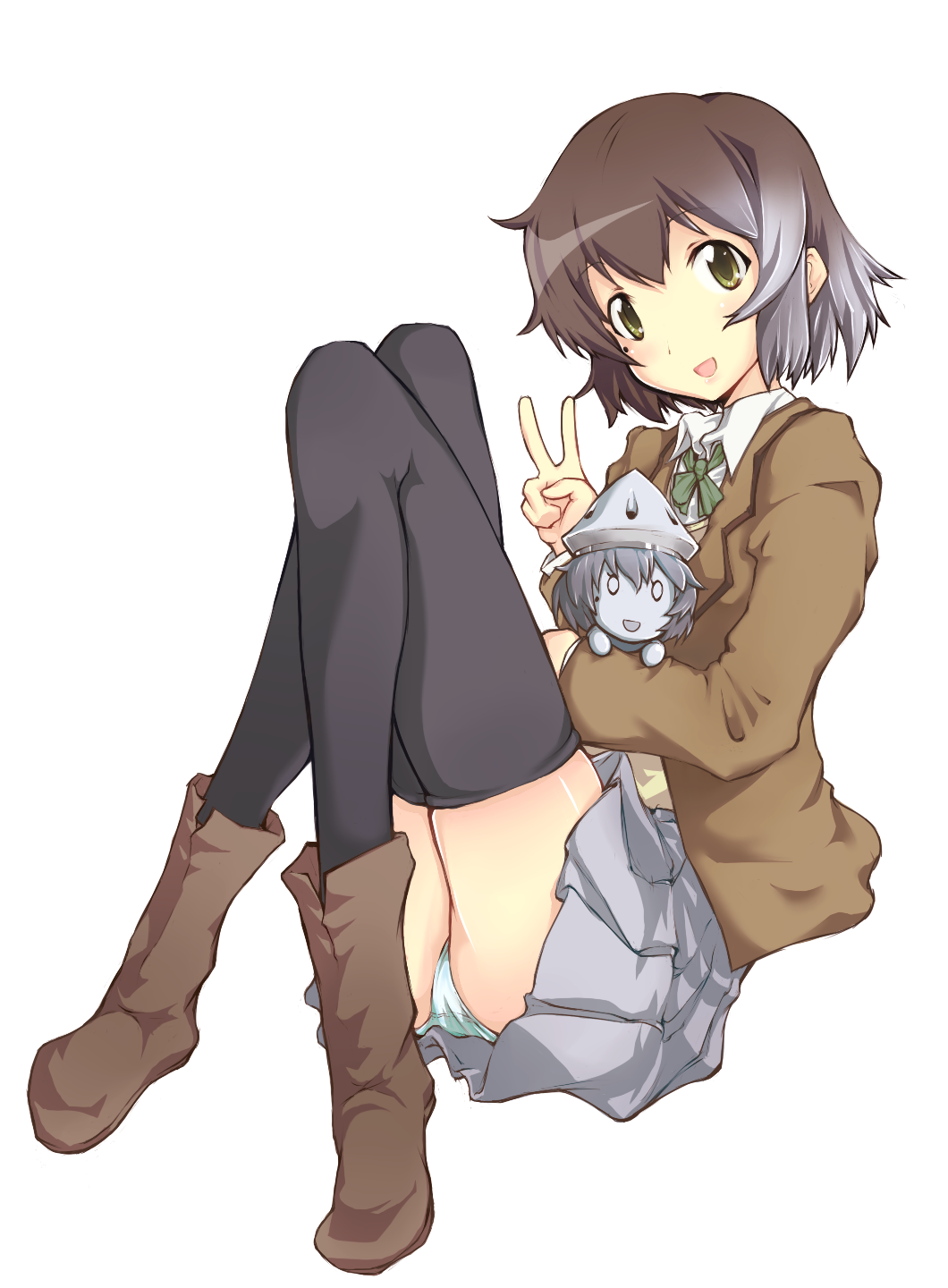 1girl amia_lee black_legwear blazer blue_eyes boots brown_hair do_(taka) els gundam gundam_00 gundam_00_a_wakening_of_the_trailblazer mole open_mouth school_uniform short_hair skirt thigh-highs v yellow_eyes zettai_ryouiki