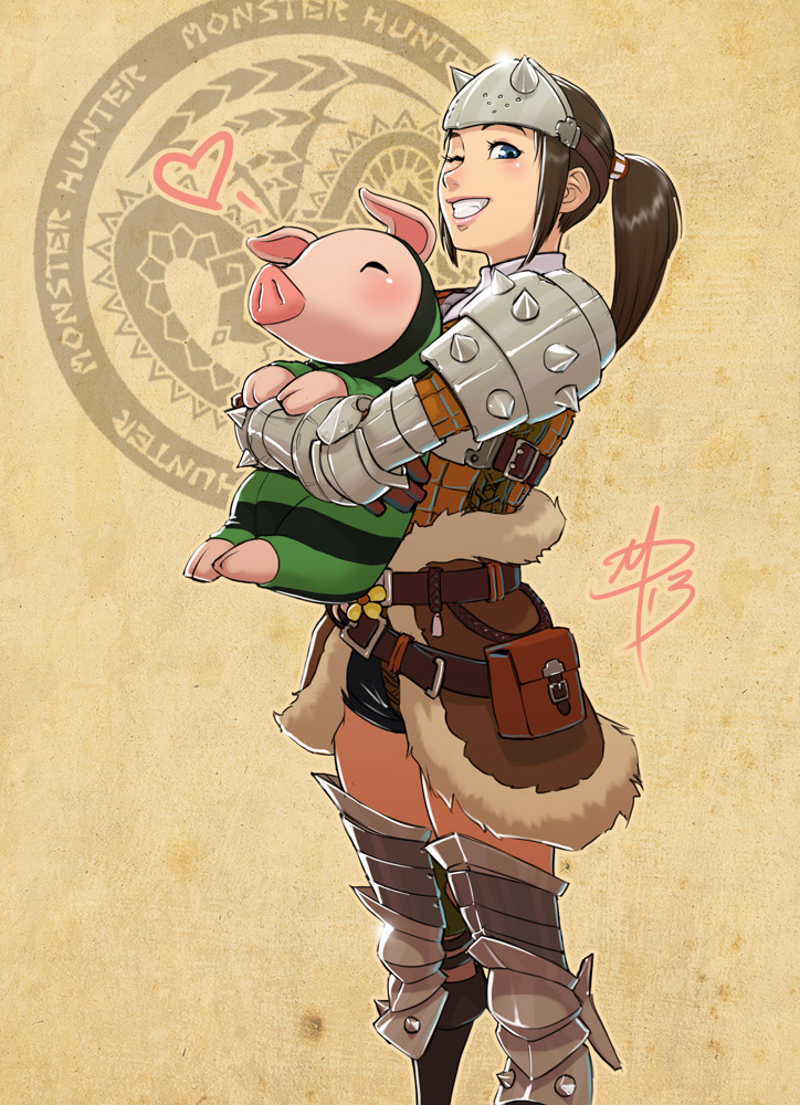 1girl ;) armor blue_eyes boots brown_hair character_request daniel_macgregor forehead_protector fur_trim gauntlets heart hug jumpsuit knee_pads lips monster_hunter multiple_belts pauldrons ponytail poogie shorts signature smile spikes wink