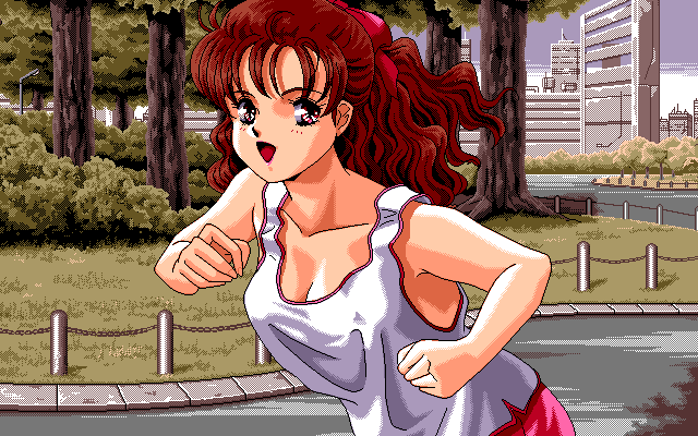 1girl 90s breasts building cleavage dithering game_cg lipstick long_hair makeup oldschool open_mouth outdoors park pc98 pixel_art ponytail red_eyes redhead running tank_top tree wavy_hair