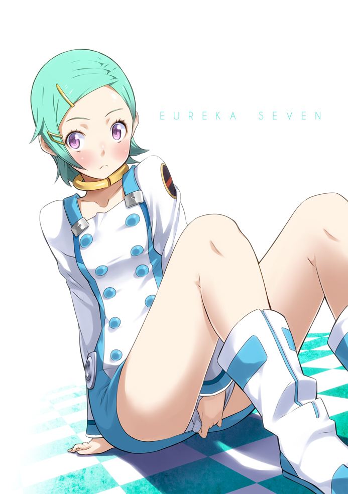 1girl blue_hair covering covering_crotch dress dress_tug eureka eureka_seven eureka_seven_(series) pink_eyes short_hair sitting smile solo yuuzii