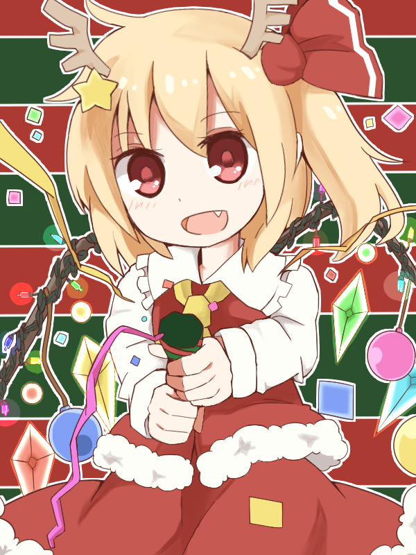 1girl antlers ascot blonde_hair fang flandre_scarlet open_mouth red_eyes ribbon short_hair side_ponytail skirt solo star touhou wings yamase