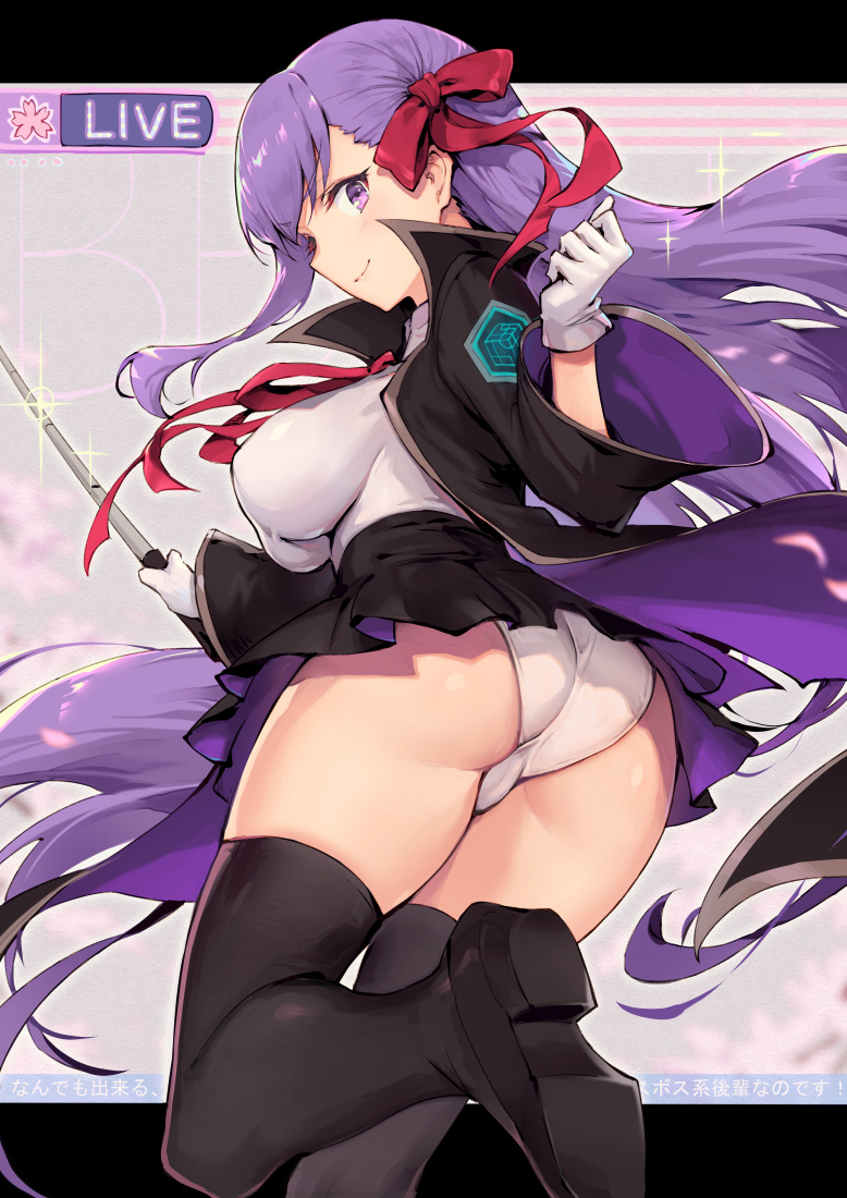 1girl ass bangs bb_(fate) bb_(fate/extra) black_coat black_legwear black_skirt blush breasts cape closed_mouth coat eyebrows_visible_through_hair fate/extra fate/extra_ccc fate/grand_order fate_(series) gloves hair_ribbon haoni high-waist_skirt holding holding_wand large_breasts leotard long_hair long_sleeves looking_at_viewer looking_back neck_ribbon open_clothes open_coat pleated_skirt popped_collar purple_hair red_neckwear red_ribbon ribbon riding_crop shirt skirt smile solo thigh-highs thighs very_long_hair violet_eyes wand white_gloves white_leotard white_shirt wide_sleeves