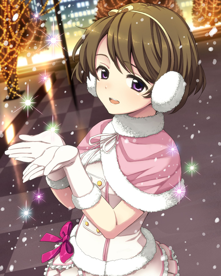 1girl :d bow brown_hair bust checkered checkered_floor detexted earmuffs fujimaru_(bluebrand) fur_trim gloves hairband koizumi_hanayo love_live!_school_idol_project open_mouth scarf short_hair smile snow solo violet_eyes