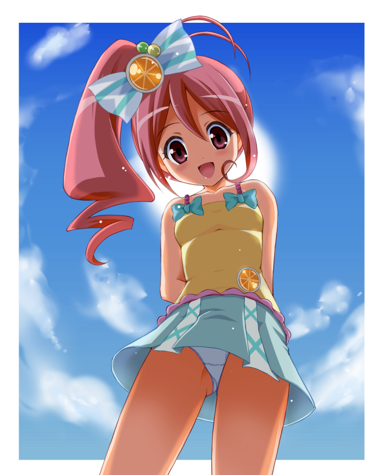 1girl arms_behind_back character_request chisato_(missing_park) from_below jewelpet_(series) jewelpet_kira_deco! long_hair looking_down open_mouth panties pantyshot pink_eyes pink_hair sky smile solo underwear white_panties