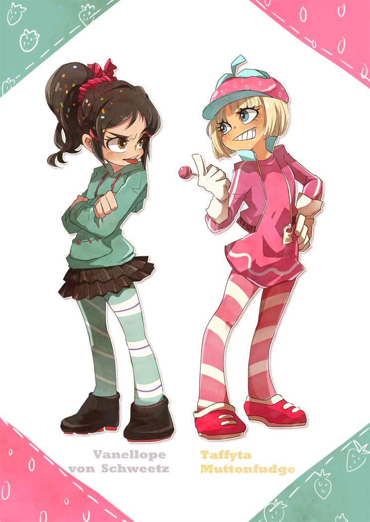 2girls amber_eyes barette black_hair blonde_hair blue_eyes brown_eyes candy candy_wrapper caption child combat_boots crossed_arms flat_chest frenemies gloves grin hair_ornament hair_pins hat hoodie licorice lollipop messy_hair name_tag ponytail preteen racing_jacket racing_suit rain_boots smile stitches strawberry striped_legwear taffyta_muttonfudge teasing tights tongue vanellope_von_schweetz wreck-it_ralph yuri zipper