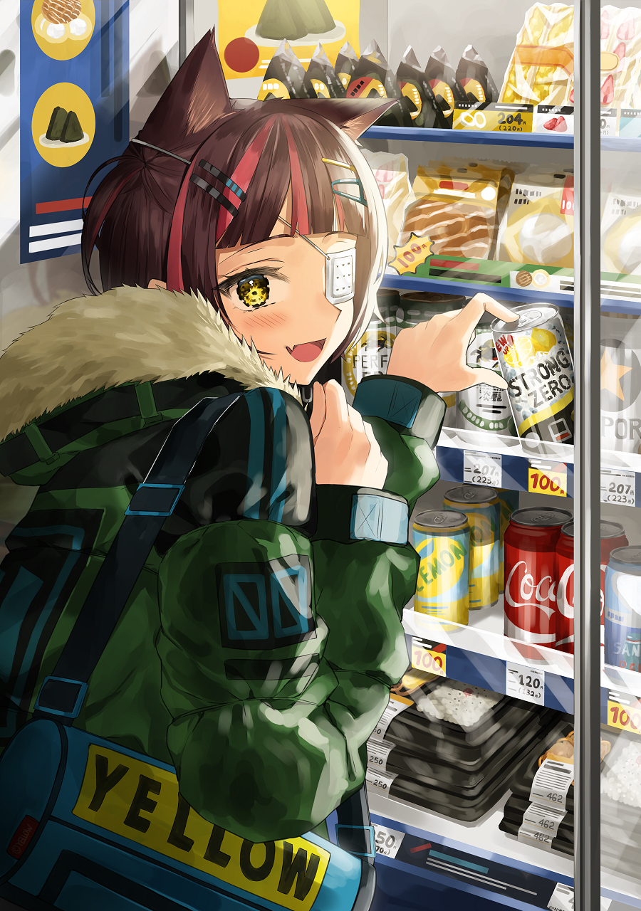 1girl :d animal_ears bag bangs blunt_bangs blush bob_cut brown_hair can cat_ears cat_girl coca-cola commentary convenience_store english_text eyepatch fang from_behind fur-trimmed_hood green_coat h_shai hair_ornament hairclip highres hooded_coat long_sleeves looking_at_viewer looking_back medical_eyepatch multicolored_hair one_eye_covered one_side_up open_mouth original pink_hair shop short_hair smile soda_can solo streaked_hair symbol_commentary upper_body yellow_eyes