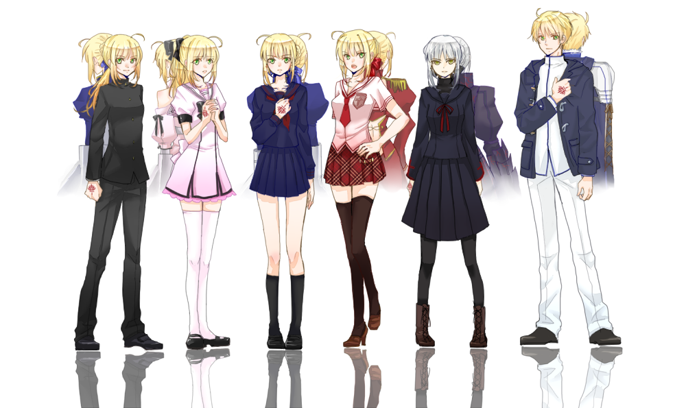1boy 5girls ahoge armor back-to-back blonde_hair command_spell crossdressinging dual_persona fate/extra fate/prototype fate/stay_night fate/unlimited_codes fate/zero fate_(series) gakuran green_eyes hoshiume long_hair multiple_girls multiple_persona pantyhose ponytail saber saber_(fate/prototype) saber_alter saber_extra saber_lily school_uniform serafuku thigh-highs white_hair