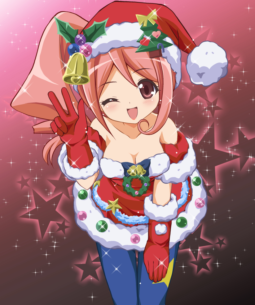 1girl blush breasts chisato_(missing_park) cleavage gloves hat jewelpet_(series) jewelpet_kira_deco! looking_at_viewer open_mouth santa_hat smile solo star wink