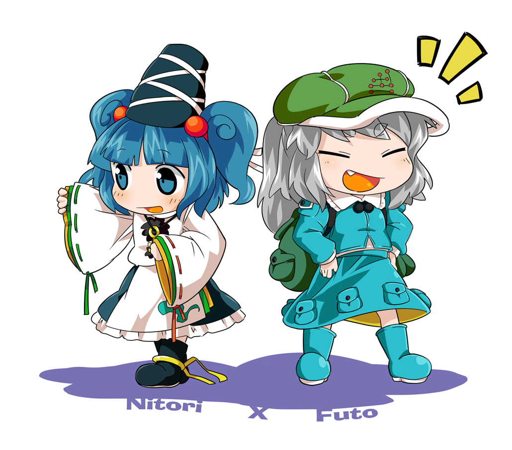 2girls backpack bag blue_eyes blue_hair blush boots byourou cap character_name closed_eyes cosplay costume_switch hair_bobbles hair_ornament hat japanese_clothes kariginu kawashiro_nitori key long_sleeves mononobe_no_futo multiple_girls open_mouth ponytail short_hair silver_hair skirt smile tate_eboshi touhou twintails wide_sleeves