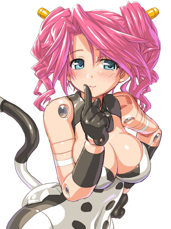 1girl bare_shoulders blue_eyes breasts busou_shinki cleavage dd_(artist) doll_joints gloves hand_on_hip large_breasts long_hair pink_hair simple_background smile solo tail vitulus white_background