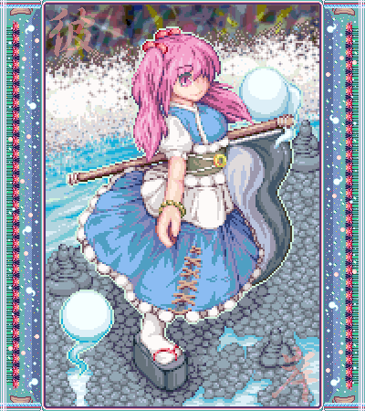 1girl breasts coin ghost hair_bobbles hair_ornament long_hair lowres muyue_mitsudou onozuka_komachi pink_eyes pink_hair pixel_art scythe touhou twintails water wink