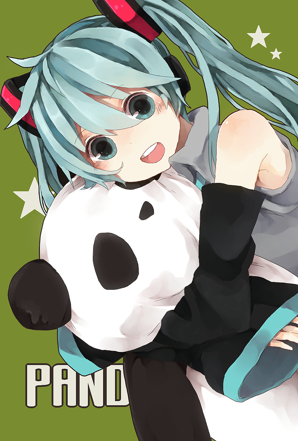 1girl aqua_eyes aqua_hair detached_sleeves hatsune_miku headphones highres hug open_mouth panda simple_background solo stuffed_animal stuffed_toy twintails vocaloid yuya_kyoro