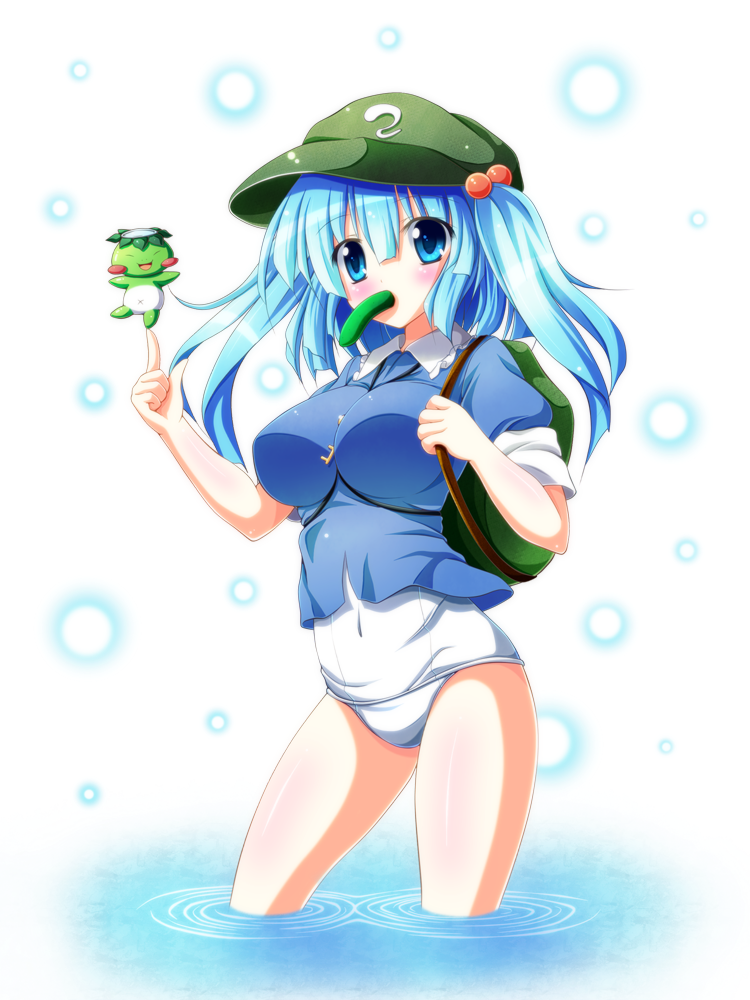 1girl backpack bag bare_legs between_breasts blue_eyes blue_hair blush breasts cucumber feet food_in_mouth hair_bobbles hair_ornament hat impossible_clothes impossible_shirt kappa kawashiro_nitori key long_hair mouth_hold one-piece_swimsuit open_mouth osashin_(osada) smile solo swimsuit swimsuit_under_clothes touhou twintails white_swimsuit