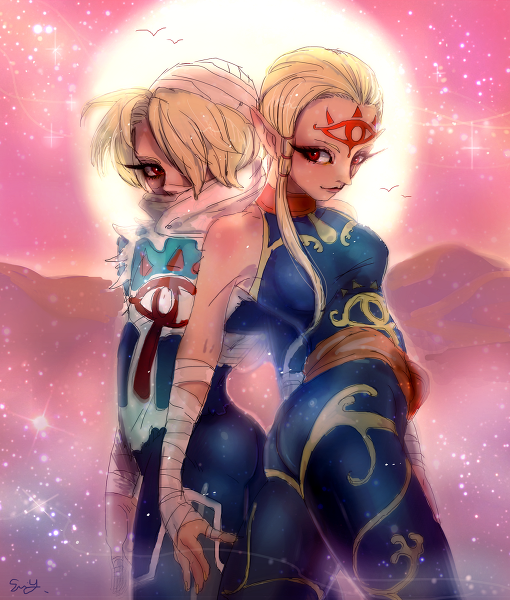 2girls ass back-to-back bandages bare_shoulders blonde_hair breasts eyelashes facial_mark forehead forehead_mark hair_over_one_eye impa multiple_girls nintendo nose ocarina_of_time pointy_ears red_eyes reverse_trap scarf sheik shinshi_ama short_hair sunset surcoat the_legend_of_zelda unitard