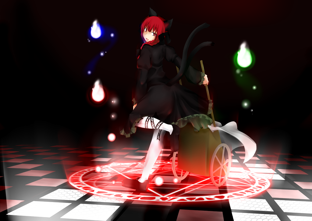 1girl animal_ears back braid cat_ears cat_tail dd_mayohara dress green_dress kaenbyou_rin leg_up long_hair looking_at_viewer looking_back magic_circle red_eyes redhead shoes solo standing tail touhou twin_braids wheelbarrow wisp