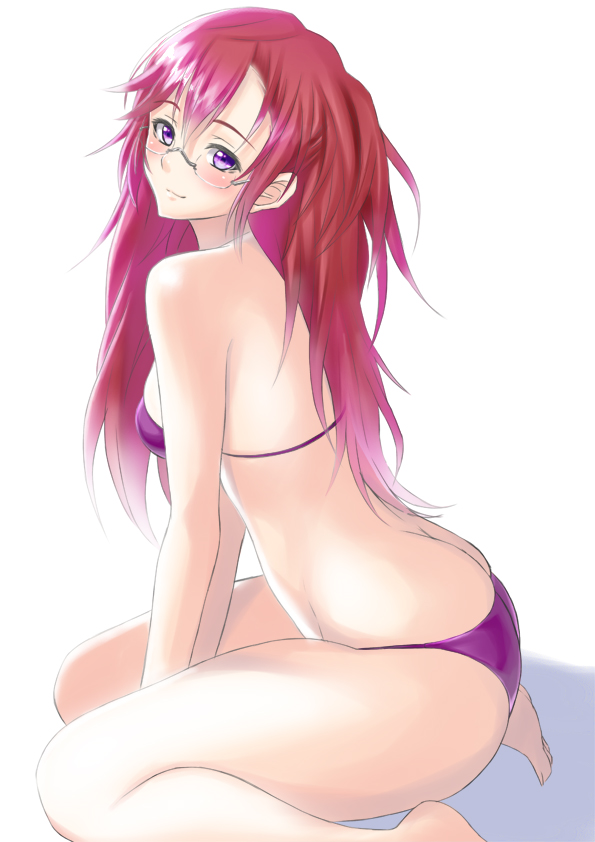 1girl ano_natsu_de_matteru bikini butt_crack glasses long_hair redhead sirumeria swimsuit takatsuki_ichika violet_eyes