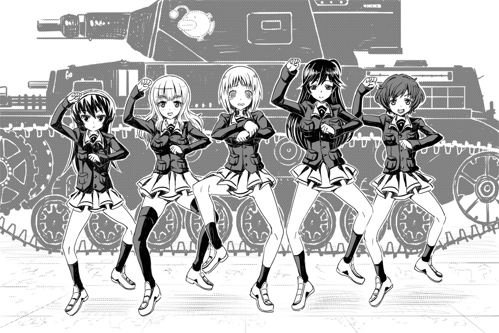 5girls akiyama_yukari dancing gangnam_style girls_und_panzer isuzu_hana long_hair military military_vehicle monochrome multiple_girls nishizumi_miho panzerkampfwagen_iv parody reizei_mako school_uniform serafuku short_hair skirt takebe_saori tank vehicle vinhnyu