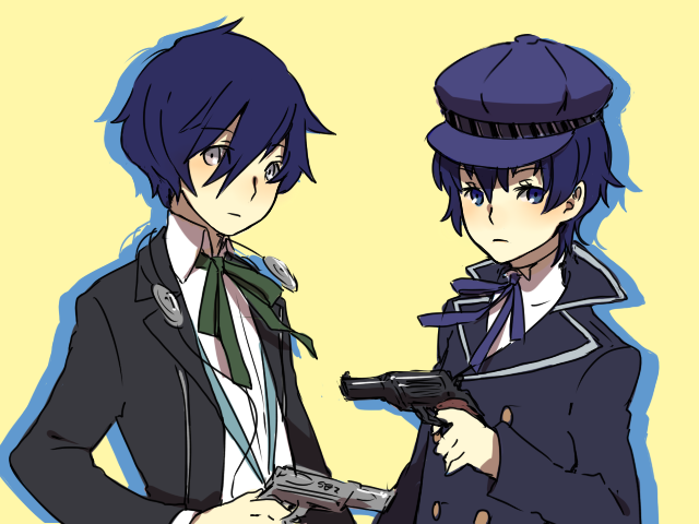 1boy 1girl aiwatan androgynous arisato_minato blue_eyes blue_hair bust cabbie_hat dress_shirt evoker grey_eyes gun hat headphones headphones_around_neck persona persona_3 persona_4 revolver school_uniform shirogane_naoto shirt short_hair weapon