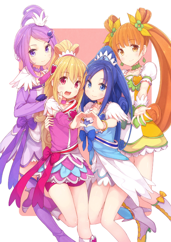 4girls aida_mana arm_warmers bike_shorts blonde_hair blue_eyes blue_hair boots bow brown_eyes brown_hair cure_diamond cure_heart cure_rosetta cure_sword dokidoki!_precure double_bun earrings flower hair_flower hair_ornament hairpin hand_on_another's_shoulder heart heart_hands heart_hands_duo hishikawa_rikka jewelry kenzaki_makoto long_hair magical_girl multiple_girls pink_eyes ponytail precure purple_hair purple_legwear ribbon shiva_(executor) shoes short_hair shorts_under_skirt skirt smile spade thigh-highs thigh_boots twintails violet_eyes wrist_cuffs yotsuba_alice