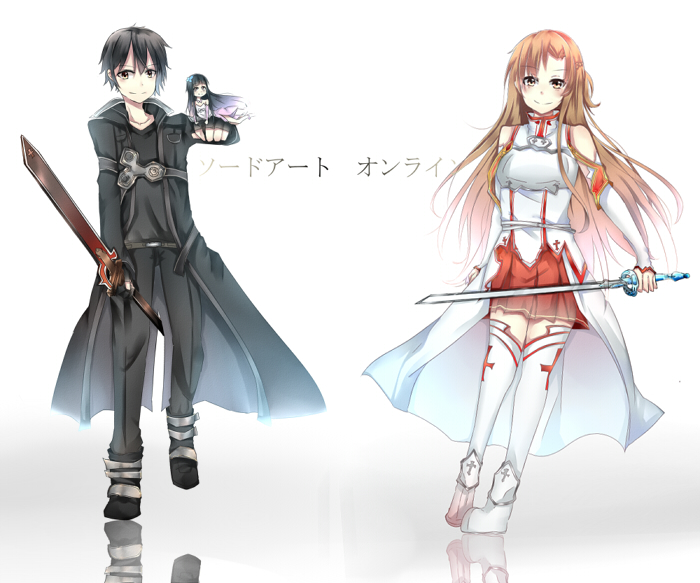 1boy 2girls asuna_(sao) black_eyes black_hair breastplate brown_eyes brown_hair detached_sleeves kirito minigirl multiple_girls salmon_(artist) sword sword_art_online thigh-highs weapon yui_(sao) yui_(sao-alo) yuuki_asuna