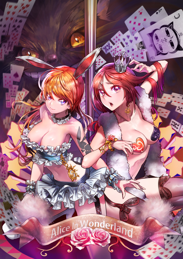 2girls alice_in_wonderland animal_ears bare_shoulders black_legwear blue_eyes bracelet breasts card cheshire_cat cleavage earrings english flower garter_straps hong jewelry large_breasts long_hair march_hare midriff mini_crown miniskirt multiple_girls navel open_mouth orange_hair personification playing_card queen_of_hearts rabbit_ears redhead rose skirt smile tattoo thigh-highs violet_eyes white_legwear wrist_cuffs