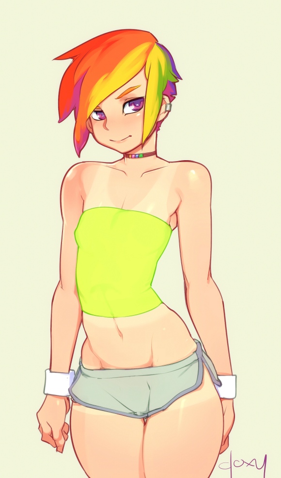 1girl choker doxy flat_chest midriff mound_of_venus my_little_pony my_little_pony_friendship_is_magic navel personification rainbow_dash rainbow_hair short_hair short_shorts shorts simple_background smile solo tan tanline tubetop violet_eyes wrist_cuffs