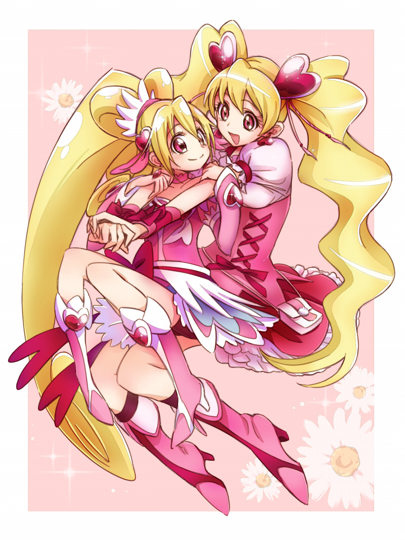 2girls aida_mana arm_warmers bike_shorts blonde_hair boots color_connection corset cure_heart cure_peach dokidoki!_precure fresh_precure! hair_ornament hairpin half_updo heart hug hug_from_behind keino_(midorinoko) long_hair look-alike magical_girl momozono_love multiple_girls pink pink_background pink_eyes ponytail precure shorts_under_skirt skirt smile twintails wrist_cuffs