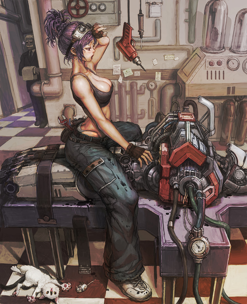 brown_eyes butler cargo_pants cat cleavage drill eyeshine fingerless_gloves goggles large_breasts machine mechanic mouse purple_hair robot sports_bra
