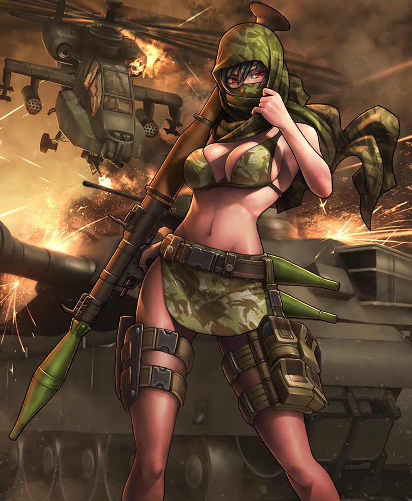 1girl bare_shoulders bikini black_hair breasts helicopter ikegami_noroshi military military_vehicle navel original red_eyes rocket_launcher rpg rpg-7 short_hair solo sparks swimsuit tank vehicle weapon