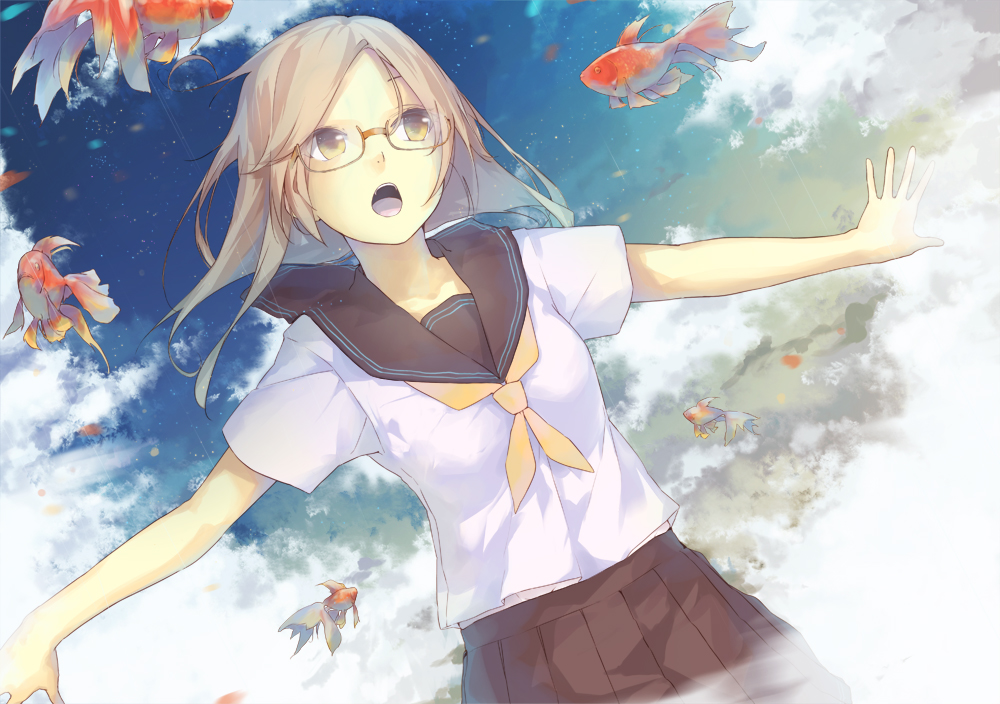 blonde_hair clouds fish glasses goldfish la-na long_hair open_mouth original outstretched_arms school_uniform serafuku skirt spread_arms star_(sky) yellow_eyes