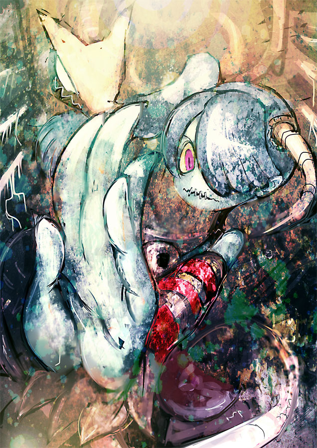 blue_hair blue_skin cong1991 detached_sleeves hair_over_one_eye leviathan_(skullgirls) red_eyes side_ponytail skullgirls squigly_(skullgirls) stitched_mouth zombie
