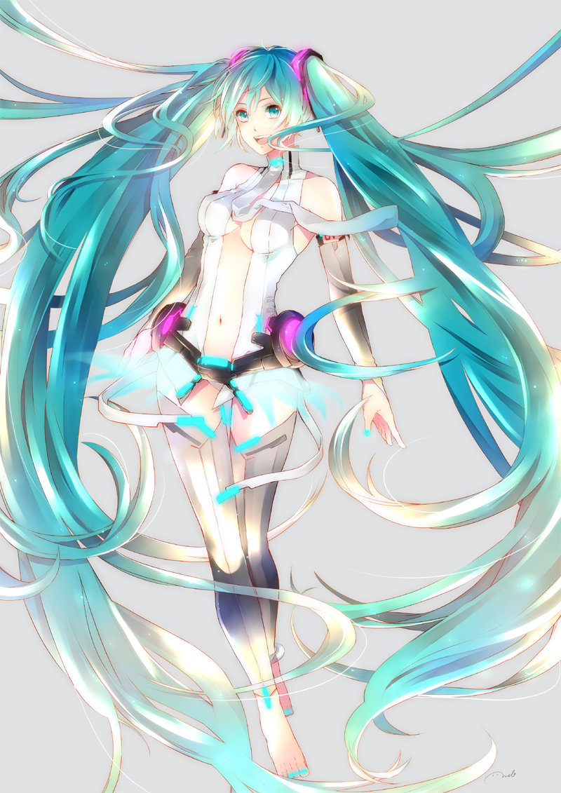 1girl aqua_eyes aqua_hair barefoot bridal_gauntlets center_opening hatsune_miku long_hair melo_(m_0514) miku_append navel necktie open_mouth simple_background solo thigh-highs twintails very_long_hair vocaloid vocaloid_append