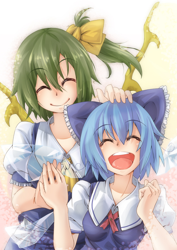 2girls ascot blue_hair bow cirno closed_eyes daiyousei fairy_wings gradient gradient_background green_hair hair_bow hand_on_another's_head hands_touching light_particles multiple_girls puffy_short_sleeves puffy_sleeves short_hair short_sleeves side_ponytail skirt skirt_set smile touhou wings yamada_yukihito