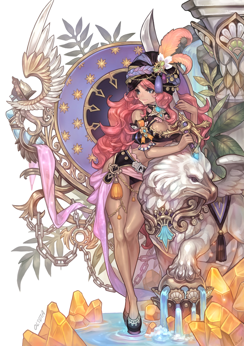 1girl artist_name bare_shoulders belt black_panties blue_eyes breasts chain character_request cleavage crystal detached_sleeves elaborate_frame fountain frame griffin hat hat_feather hat_ornament leaf long_hair olivia_(yh) panties pillar pink_hair shoes smile solo statue sword underwear wavy_hair weapon wings